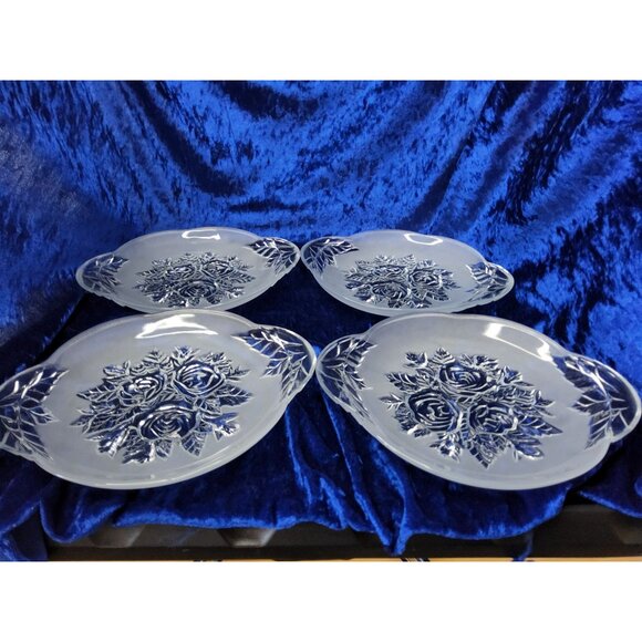 Vintage set of 4 KIG MALASIA Clear,Frosted Glass Embrosed 8" Rose Plates with Ha - Picture 2 of 4